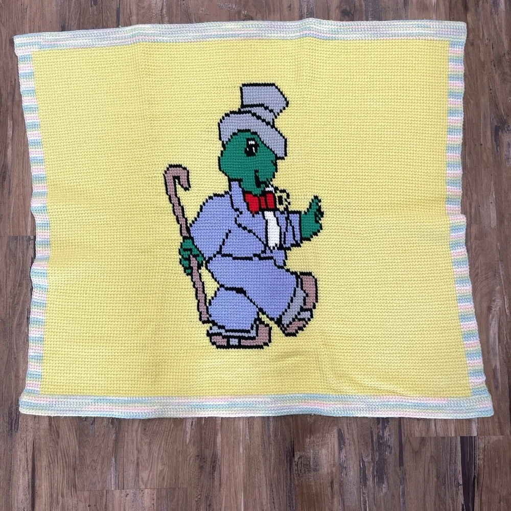 Vintage Crochet Baby Blanket Turtle Gentleman Yellow Afghan 33x36